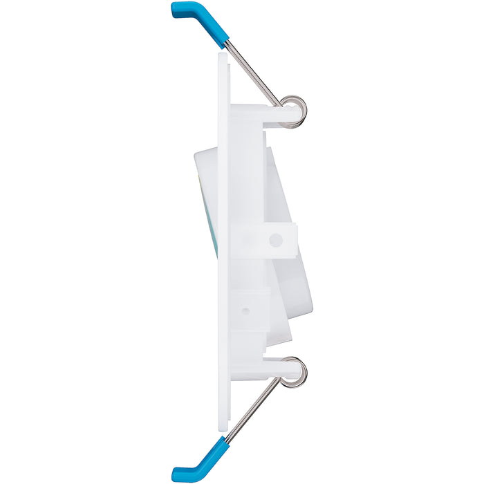 Seen on edge, the IC Rated Slim Gimbal with flexible optic is shown here without the included junction box and cabling. You can clearly note the spring clips that hold this thin profile ceiling light in position. The gimbal is adjustable to aim the light where you need it. Choose color temperature from 5 selections of white light with the slider on the junction box (not pictured here). This 3-inch wide downlight is quickly installed in the ceiling and offers instant on, dimmable downlight.