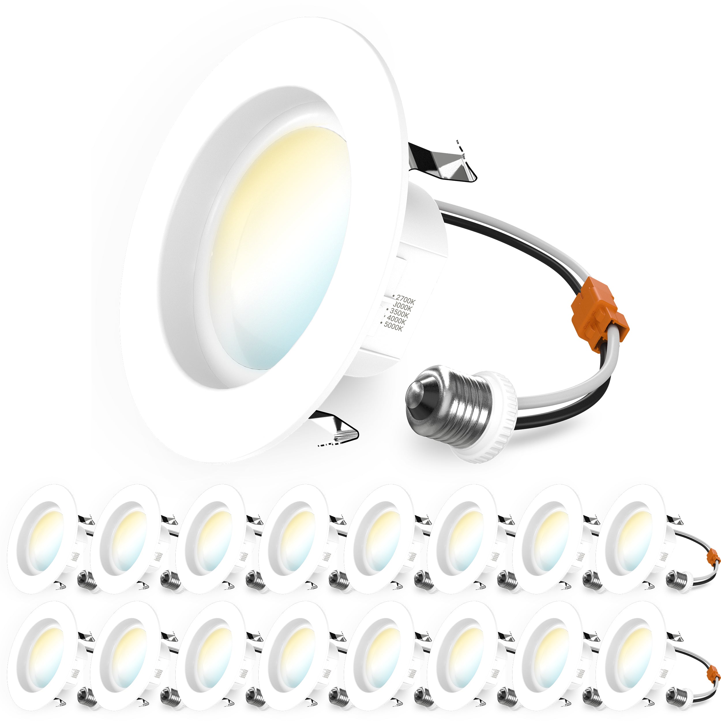 Large hero retrofit light with E26 adapter plus 16 smaller duplicates arranged below for multi pack display.

