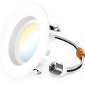 Angled 4 inch selectable retrofit light with E26 adapter, spring clips, orange connector, and visible CCT switch.