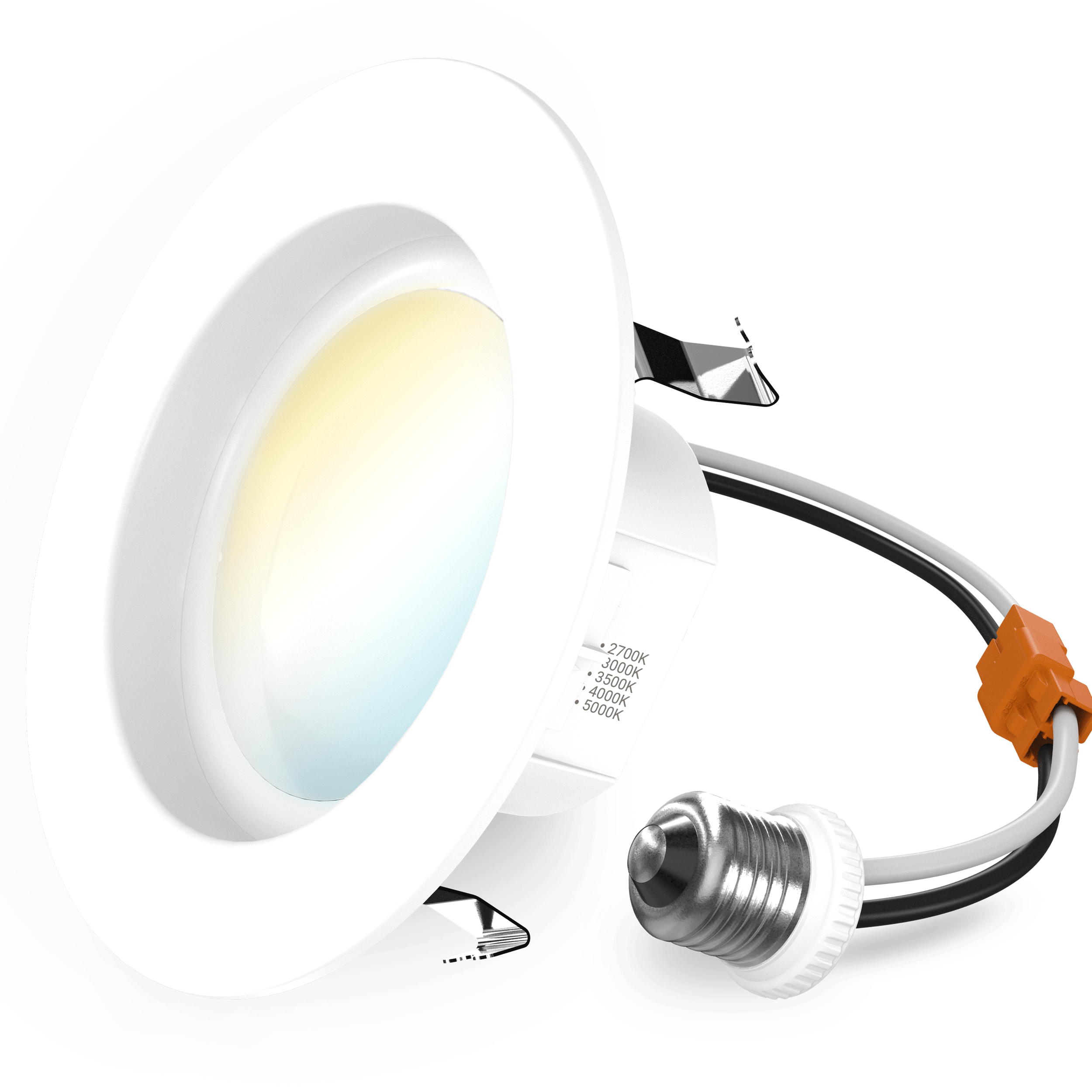 Angled 4 inch selectable retrofit light with E26 adapter, spring clips, orange connector, and visible CCT switch.
