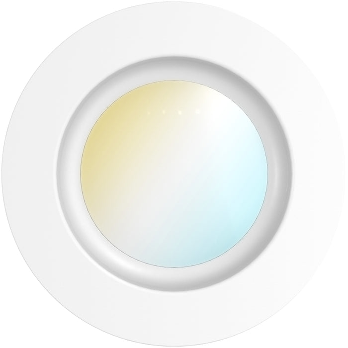 Front view of white smooth retrofit recessed light with soft warm to cool color gradient across the lens.
