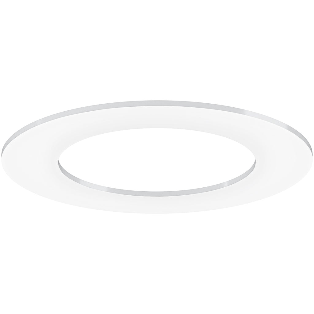 The Sunco Lighting Goof Ring hides ceiling holes that were cut too big and messy ceiling trim around your recessed lights, ceiling fixtures, and ceiling fans. It also fits on a pendant light canopy. It is simple to install. Just slip it between the light (or fan or canopy) and the ceiling. The trim overlay can then hide unsightly gaps in your ceiling. With a matte finish and a thin profile, this goof ring fits 4-inch recessed lighting or ceiling fans. Image shows Goof Ring seen from below.