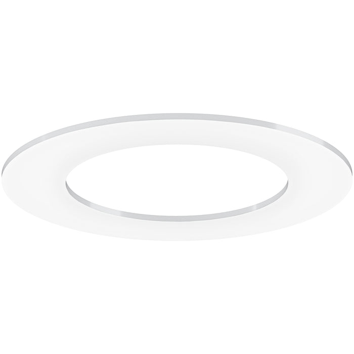 The Sunco Lighting Goof Ring hides ceiling holes that were cut too big and messy ceiling trim around your recessed lights, ceiling fixtures, and ceiling fans. It also fits on a pendant light canopy. It is simple to install. Just slip it between the light (or fan or canopy) and the ceiling. The trim overlay can then hide unsightly gaps in your ceiling. With a matte finish and a thin profile, this goof ring fits 4-inch recessed lighting or ceiling fans. Image shows Goof Ring seen from below.