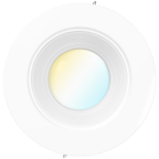Front view of white baffle retrofit downlight with ribbed trim, soft color-shifting lens, and spring clip hardware.