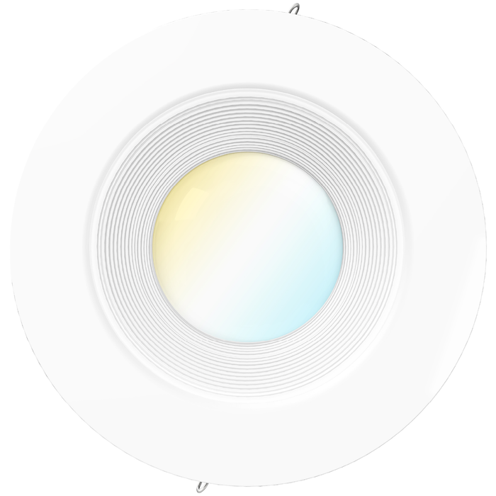 Front view of white baffle retrofit downlight with ribbed trim, soft color-shifting lens, and spring clip hardware.