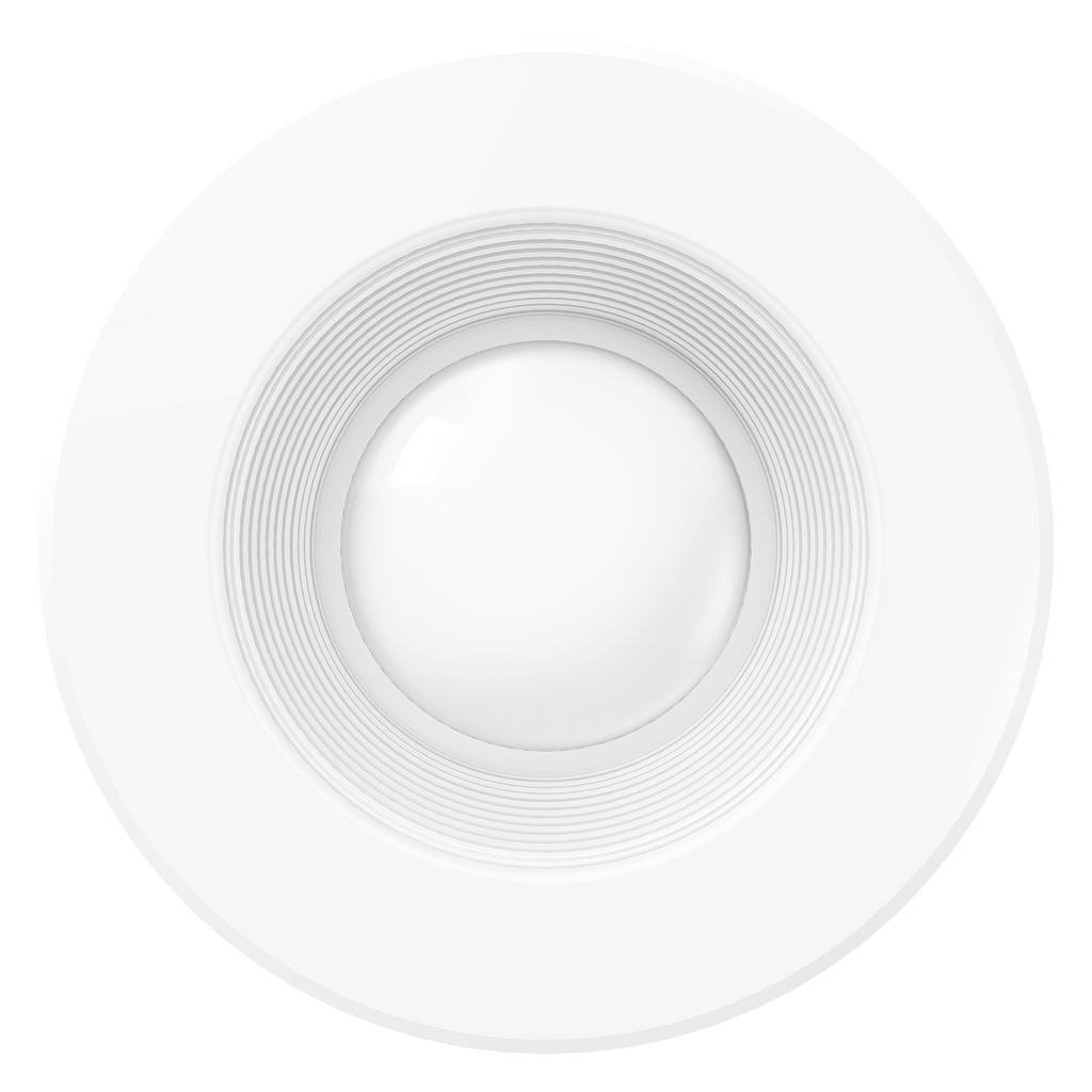 This image shows the 5/6-inch retrofit downlight seen from below. The wide exterior trim and baffle trim surrounds the LED lens in the center. The evenly spaced baffle trim helps minimize glare and provide a softer light quality. This 1050lm light fixture has a long life with 35,000 lifetime hours. It is a 13W LED with a 75W equivalency. 