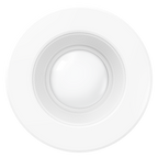 This image shows the 5/6-inch retrofit downlight seen from below. The wide exterior trim and baffle trim surrounds the LED lens in the center. The evenly spaced baffle trim helps minimize glare and provide a softer light quality. This 1050lm light fixture has a long life with 35,000 lifetime hours. It is a 13W LED with a 75W equivalency. 