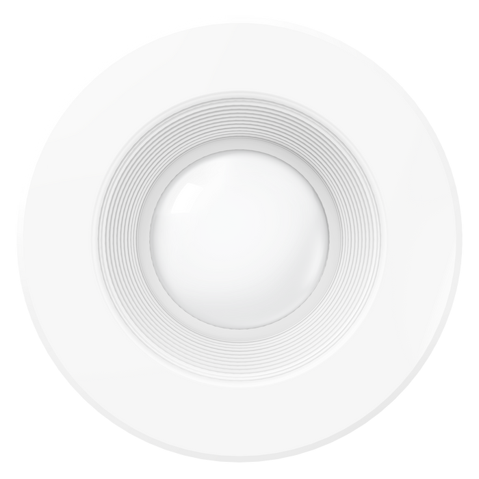 This image shows the 5/6-inch retrofit downlight seen from below. The wide exterior trim and baffle trim surrounds the LED lens in the center. The evenly spaced baffle trim helps minimize glare and provide a softer light quality. This 1050lm light fixture has a long life with 35,000 lifetime hours. It is a 13W LED with a 75W equivalency. 