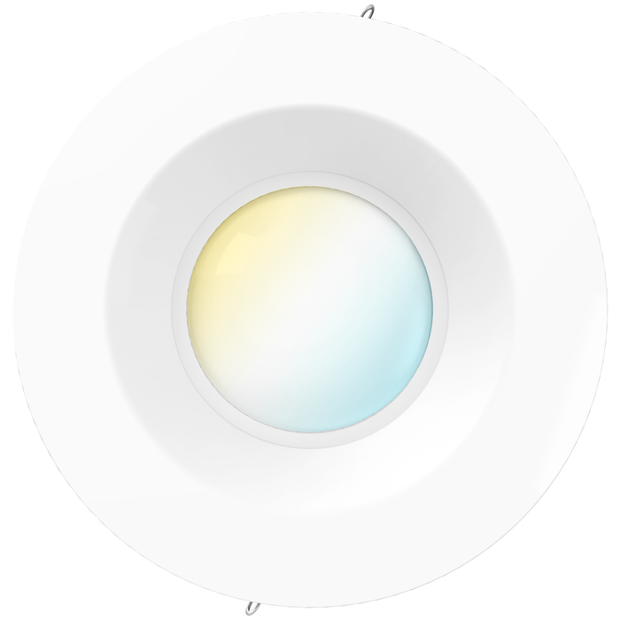 Front view of white smooth retrofit recessed light with soft warm to cool color gradient across the lens.