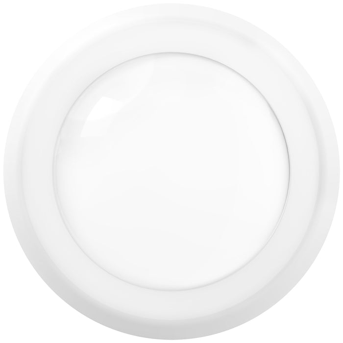 Single white 5"/6" LED disk light on a clean white background; smooth trim ring with domed lens.