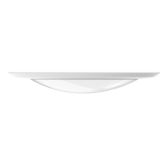 Side profile of the white LED disk light on white background. Slim edge and domed diffuser show low-profile ceiling look.