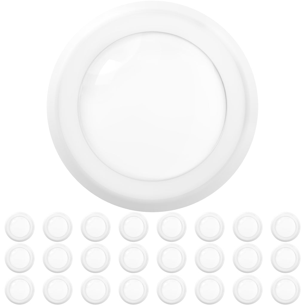 Large hero disk light centered above a grid of 24 smaller duplicates; clean white finish and diffused lens highlighted for multi-pack value.
