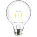 Create the popular vintage look of an Edison style glass filament bulb with our instant on G25 LED Filament. This dimmable bulb is shown here with the light bulb off to see the high tech LED filament inside the glass housing. This light fixture offers retro styling in chandeliers, wall sconces, lanterns, pendant caged fixtures, and string lights. Great for outdoor use since it is IP65 rated (wet rated). Suitable for restaurants and patios, backyards, and for interior lighting in living rooms.