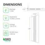 Dimensions of the Sunco 110W LED Linear High Bay. 26-inches long, 12.6-inches wide, 1.97-inches. Image shows the vents on the side of the fixture to allow for heat dissipation. Other technical specs: wattage 110W, brightness 15400 lumens, 100/277V, 50,000 hour lifespan. This LED linear high bay provides a streamlined, overhead area light that is fast to install and easily maintained. The LED is integrated so you won’t need to replace the bulb during the long lifetime of the light fixture.
