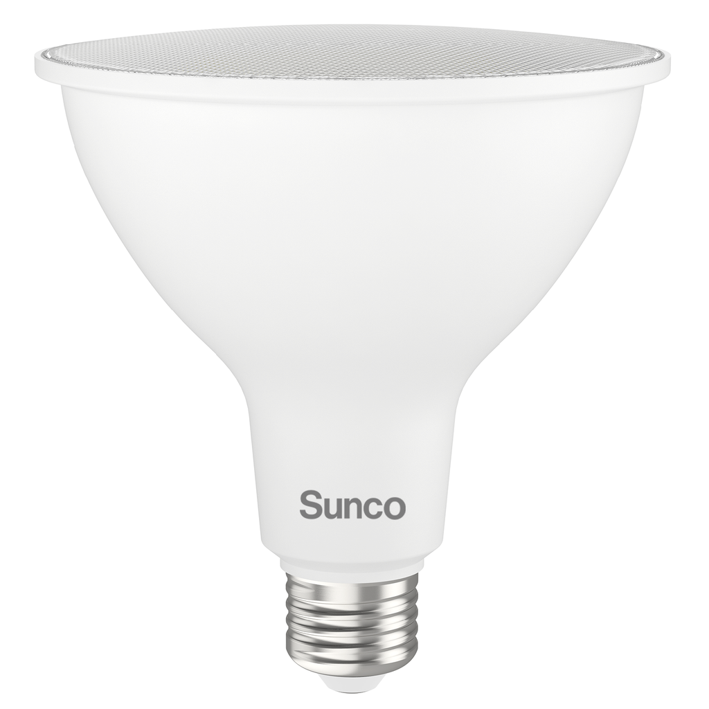 Light up the night with the Sunco PAR38 LED Bulb which is twice as bright as an average PAR38, because it has 2800 lumens. The 20W LED is a 250W equivalent to reduce power bills and still have the same bright light you need. It is wet rated for exterior or interior use and fits inside 6-inch recessed can housings. Shown here in a side view. Ideal in kitchens and offices since the bulb is dimmable to allow for shared spaces or changing needs throughout the day.