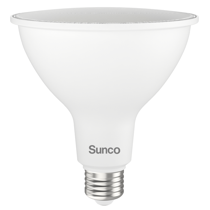 Light up the night with the Sunco PAR38 LED Bulb which is twice as bright as an average PAR38, because it has 2800 lumens. The 20W LED is a 250W equivalent to reduce power bills and still have the same bright light you need. It is wet rated for exterior or interior use and fits inside 6-inch recessed can housings. Shown here in a side view. Ideal in kitchens and offices since the bulb is dimmable to allow for shared spaces or changing needs throughout the day.