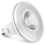 Sunco PAR38 LED Bulb Dusk to Dawn offers auto on and off without a timer. Wet rated for outdoor use. Features an E26 base. Shown here at an angle so you can see the lens cover and the durable housing. This spotlight works great in exterior lighting for landscaping, to highlight architecture or sculptures, and for signs. You can also use it inside for downlights in recessed cans or in track lighting. Shown here on its side with the E26 base.