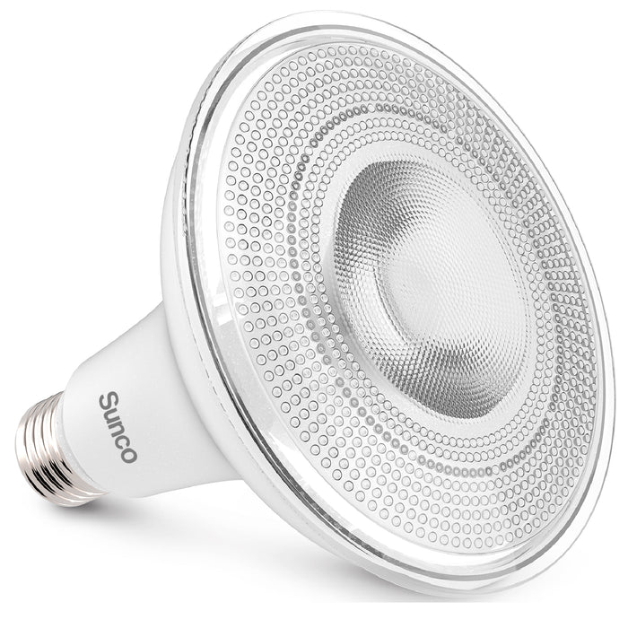 Sunco PAR38 LED Bulb Dusk to Dawn offers auto on and off without a timer. Wet rated for outdoor use. Features an E26 base. Shown here at an angle so you can see the lens cover and the durable housing. This spotlight works great in exterior lighting for landscaping, to highlight architecture or sculptures, and for signs. You can also use it inside for downlights in recessed cans or in track lighting. Shown here on its side with the E26 base.