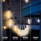 There are 4 color temperatures available for the T10 LED Filament Bulb with Dusk to Dawn: 2700K Soft White, 3000K Warm White, 4000K Cool White, 5000K Daylight. These CCTs range from warm to cool so you can choose before purchase the light quality you want in your outdoor space. Here, the T10 is strung in string lights. An artist rendition shows you the warm to cool light.